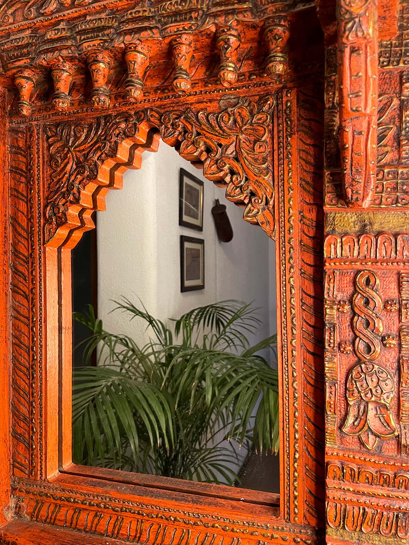 Antique wooden framed mirror with detail