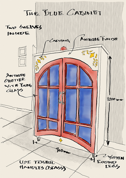 Sketch of the cabinet with blue glass