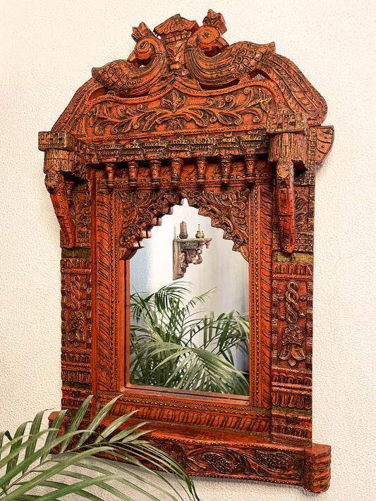 Antique wooden framed mirror with detail