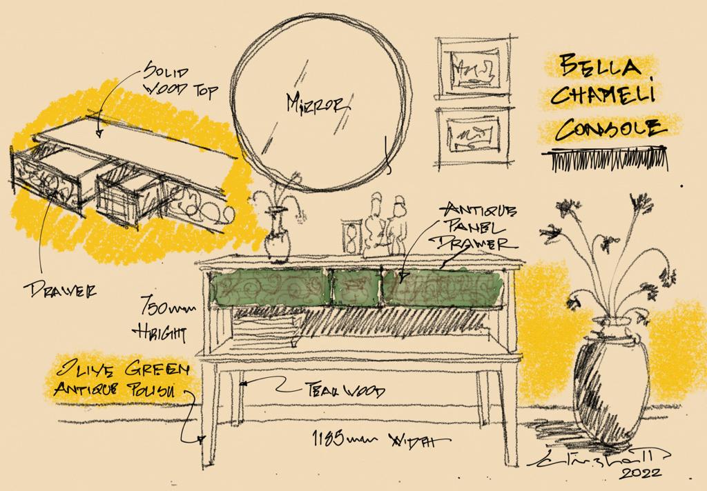  Sketch of a console against the wall with supporting elements